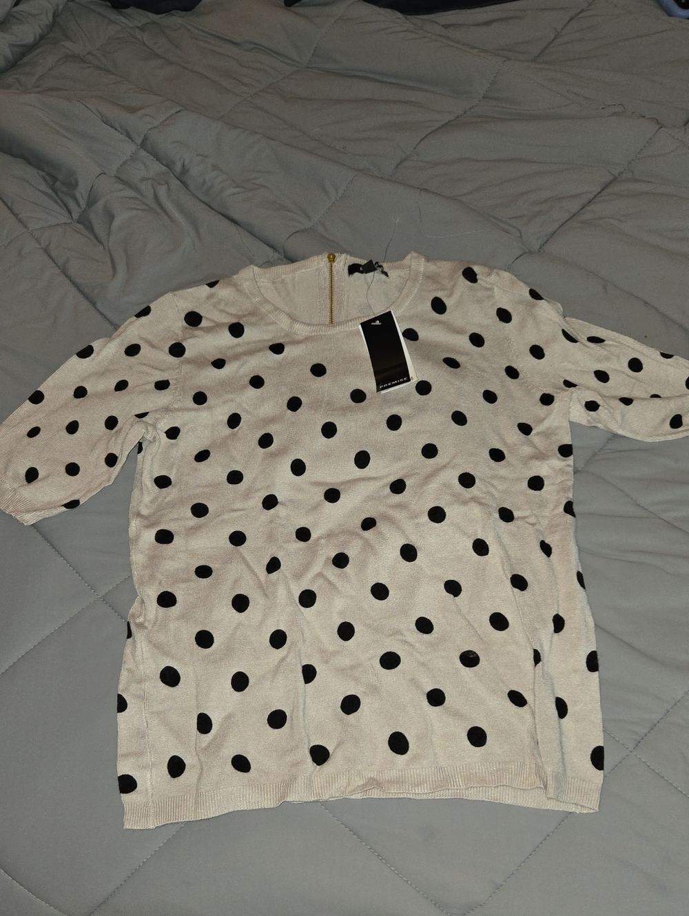 Premise Cream Crewneck Short Sleeve Sweater with Black Polka Dots